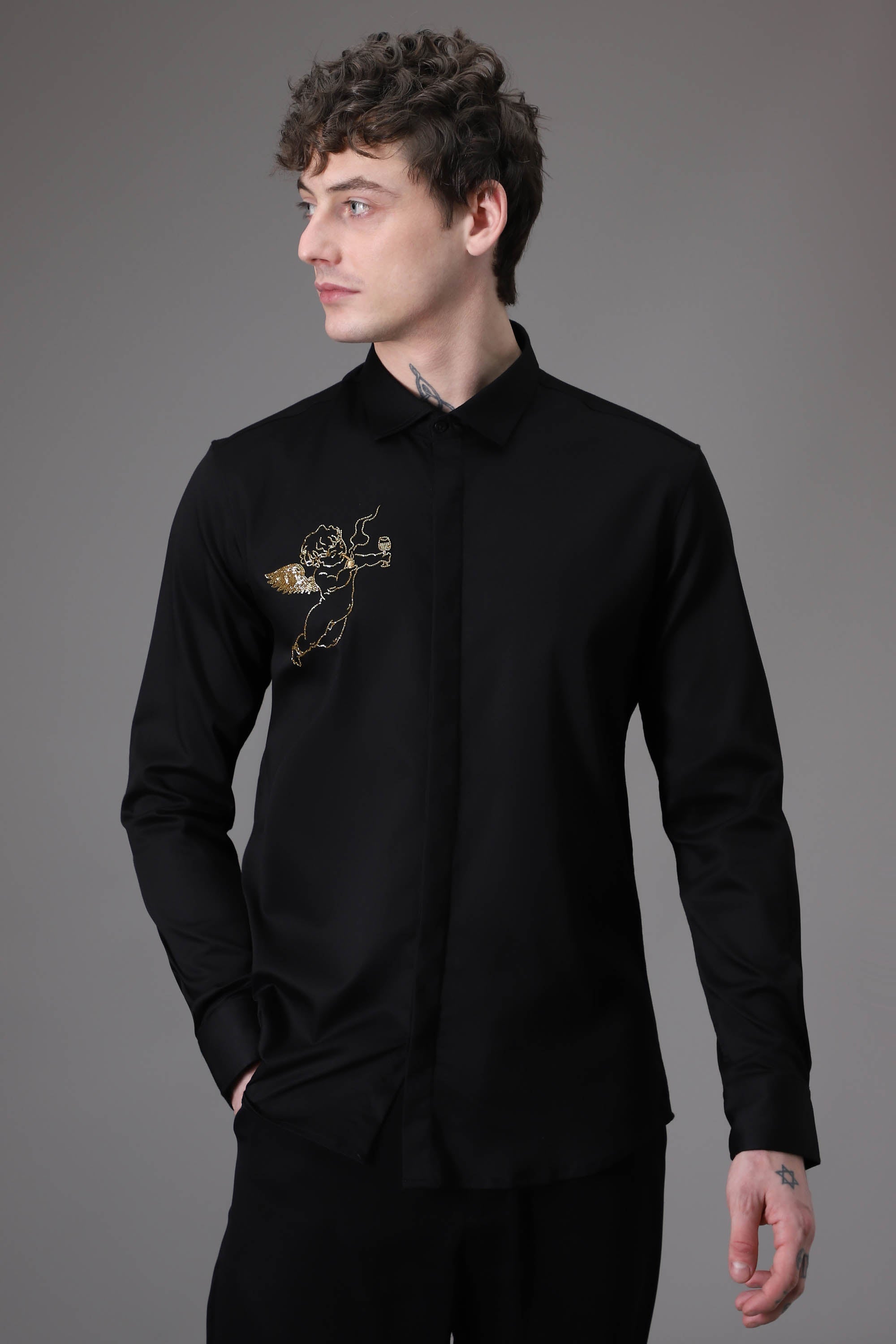 Cupid Black hand embroidered designer shirt - Black