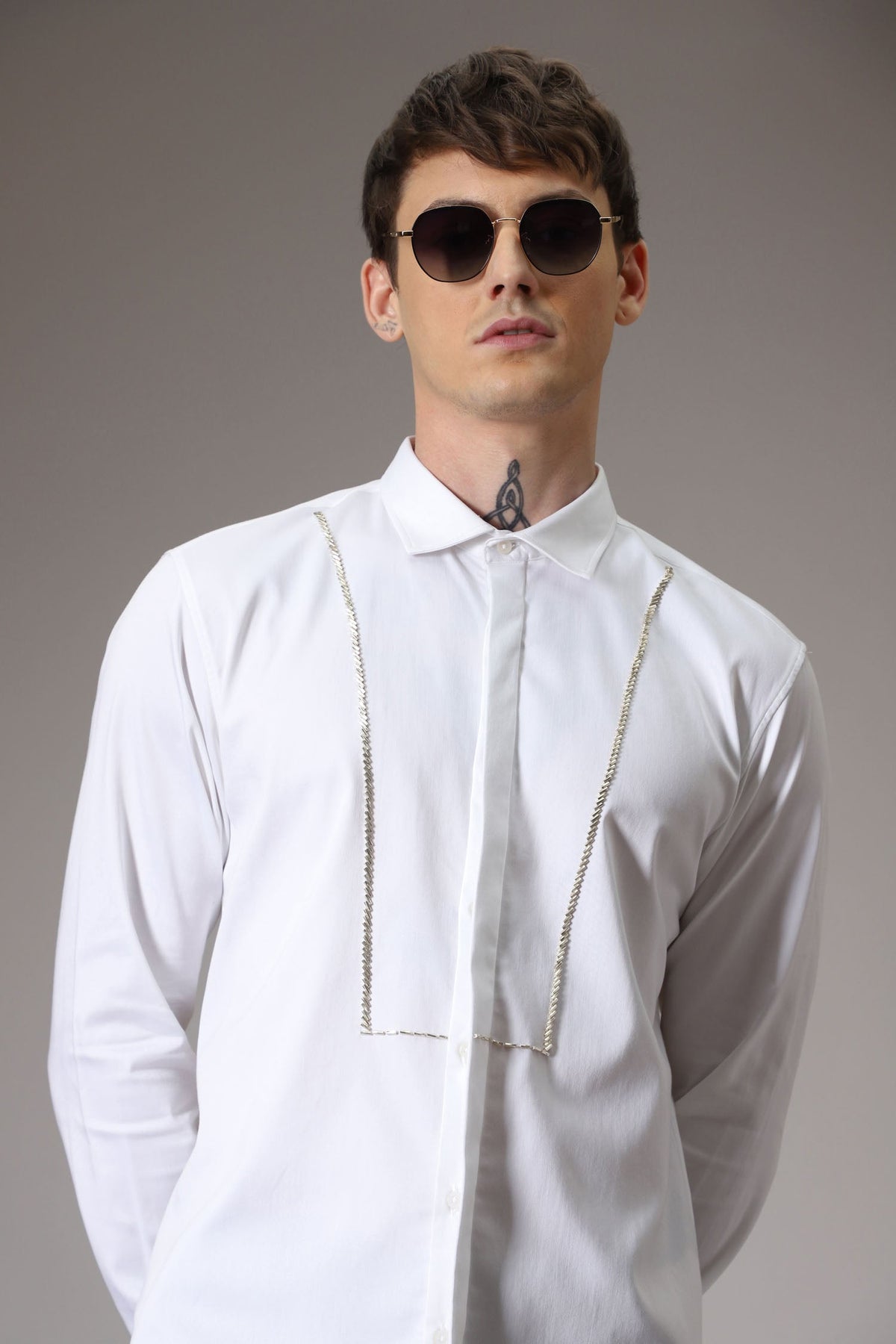 Pintuck hand embroidered designer shirt - White