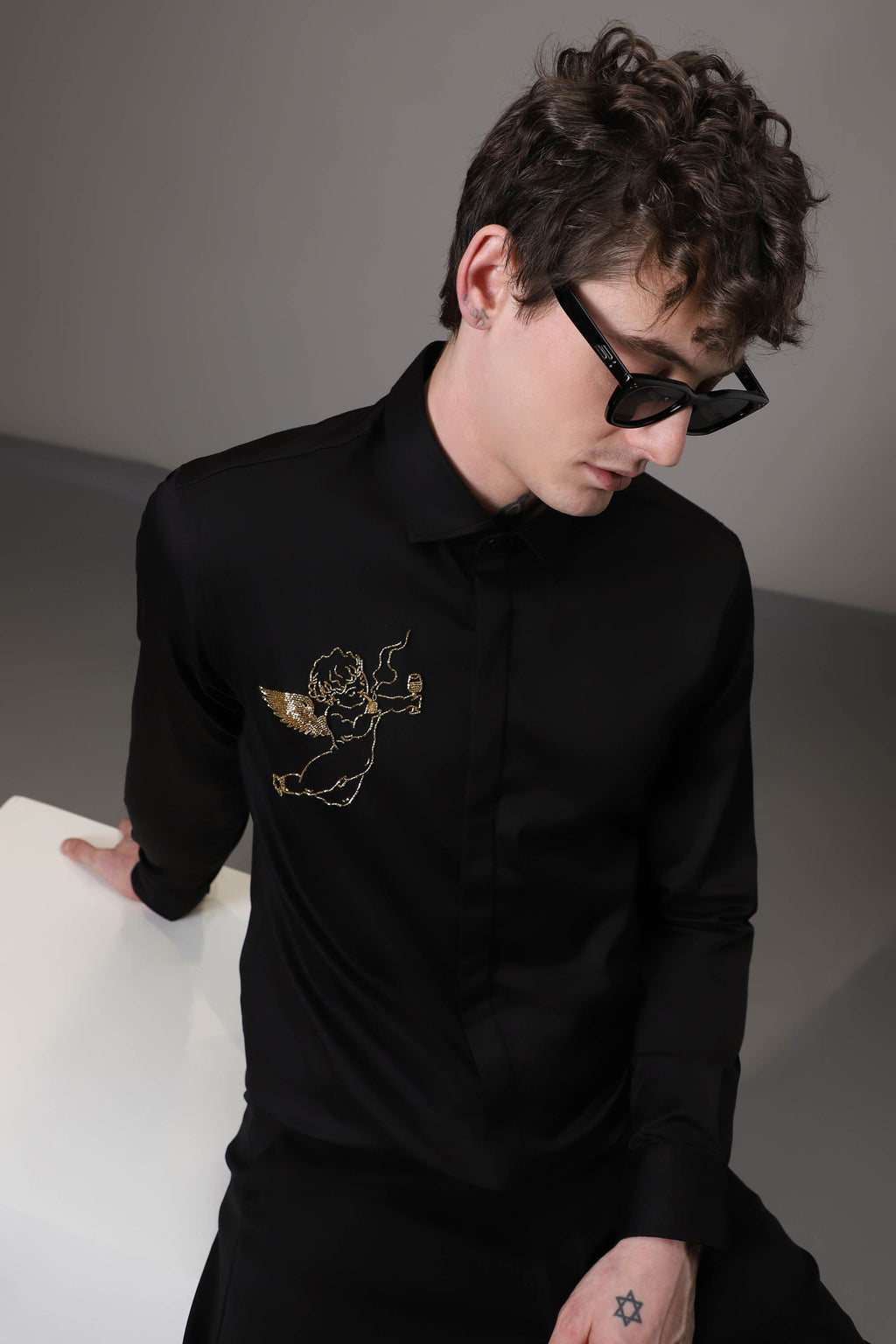 Cupid Black hand embroidered designer shirt - Black