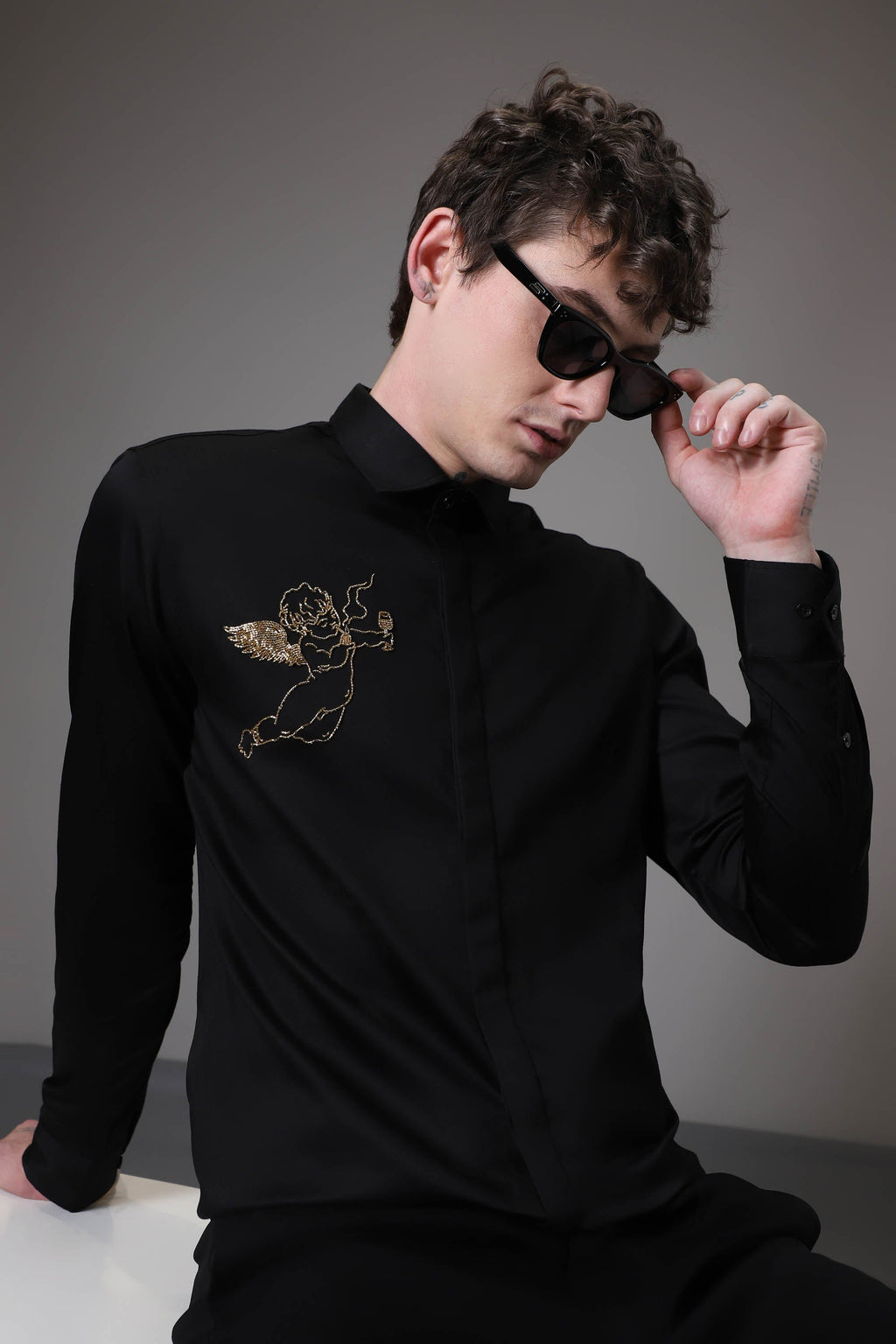 Cupid Black hand embroidered designer shirt - Black
