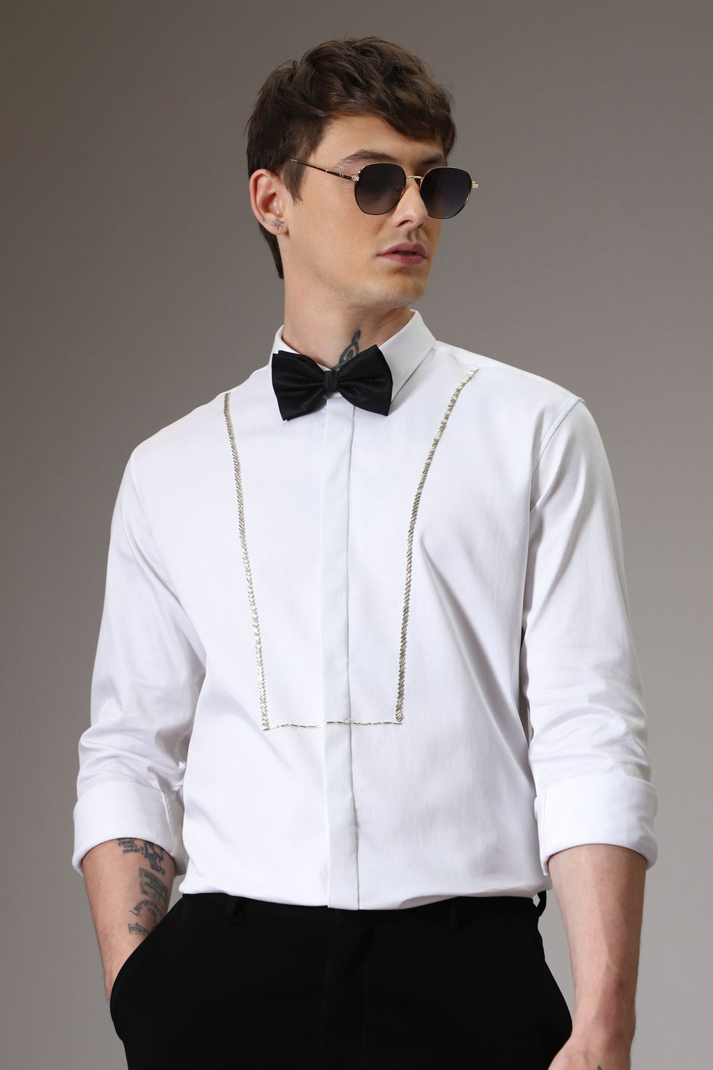 Pintuck hand embroidered designer shirt - White