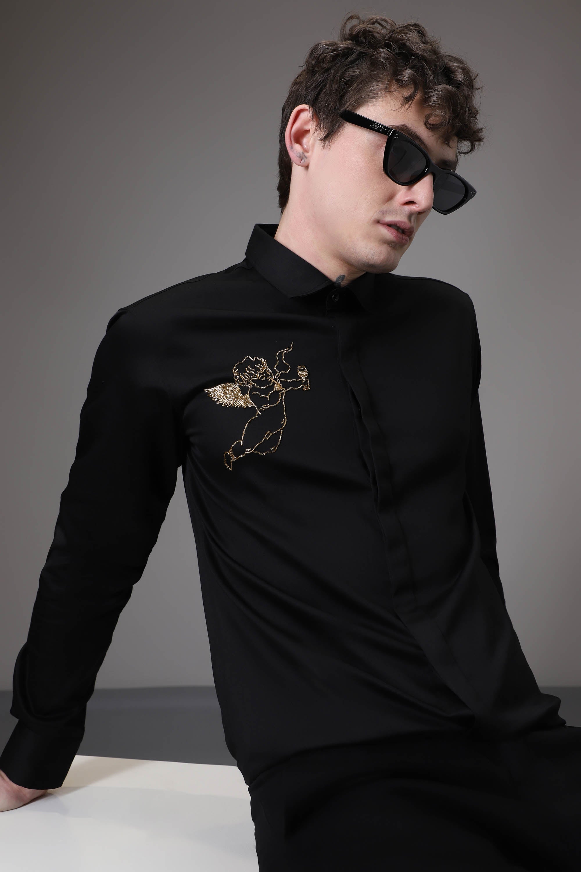 Cupid Black hand embroidered designer shirt - Black