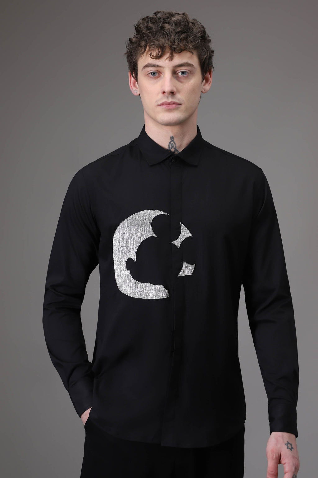 Moon Mickey Hand embroidered designer shirt - Black