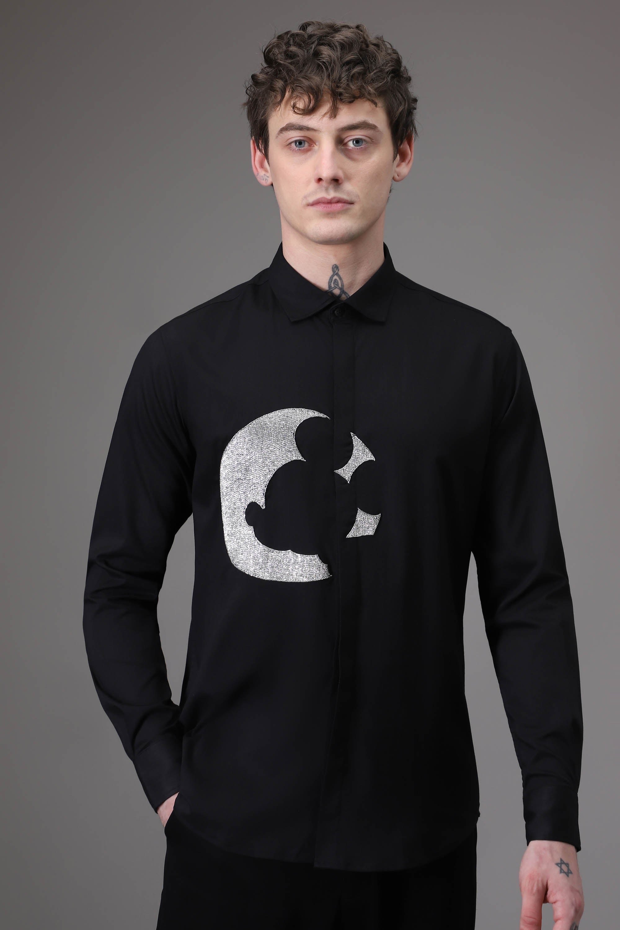 Moon Mickey Hand embroidered designer shirt - Black