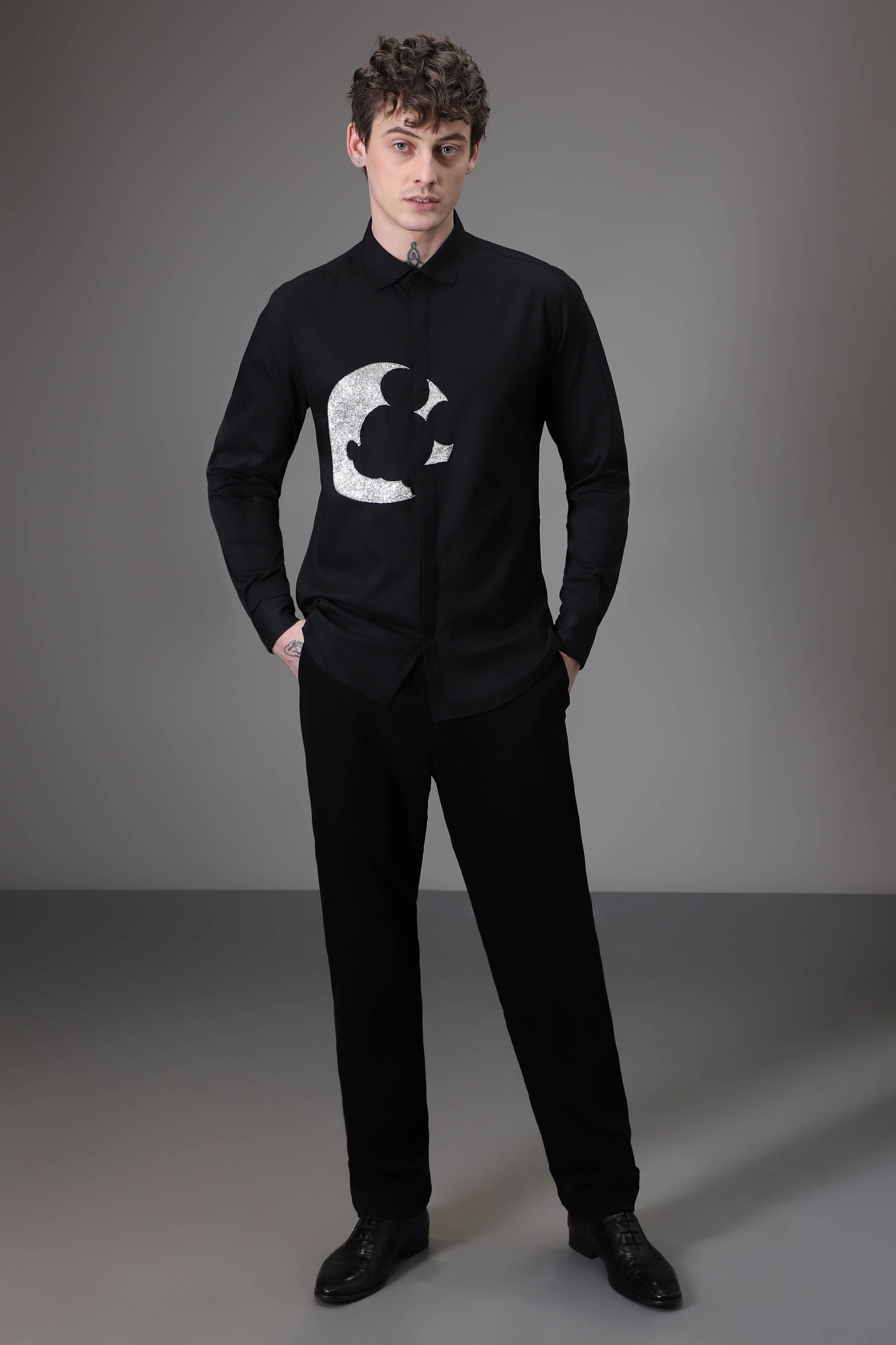 Moon Mickey Hand embroidered designer shirt - Black