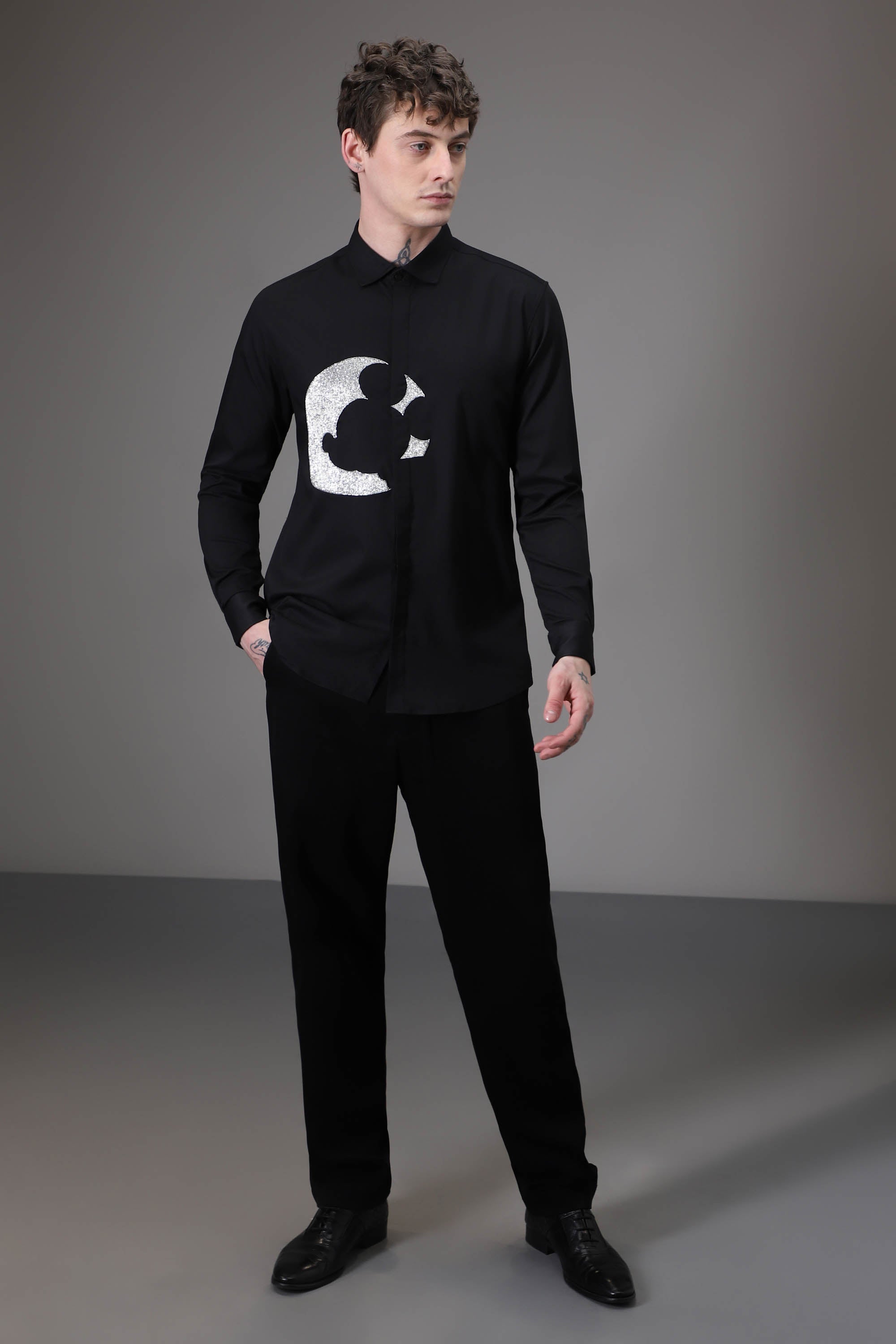Moon Mickey Hand embroidered designer shirt - Black
