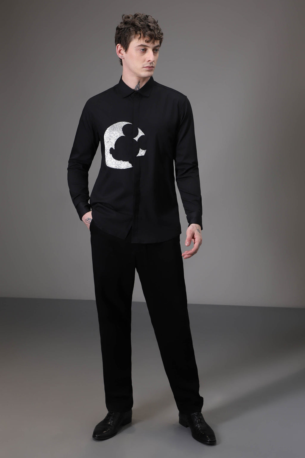 Moon Mickey Hand embroidered designer shirt - Black