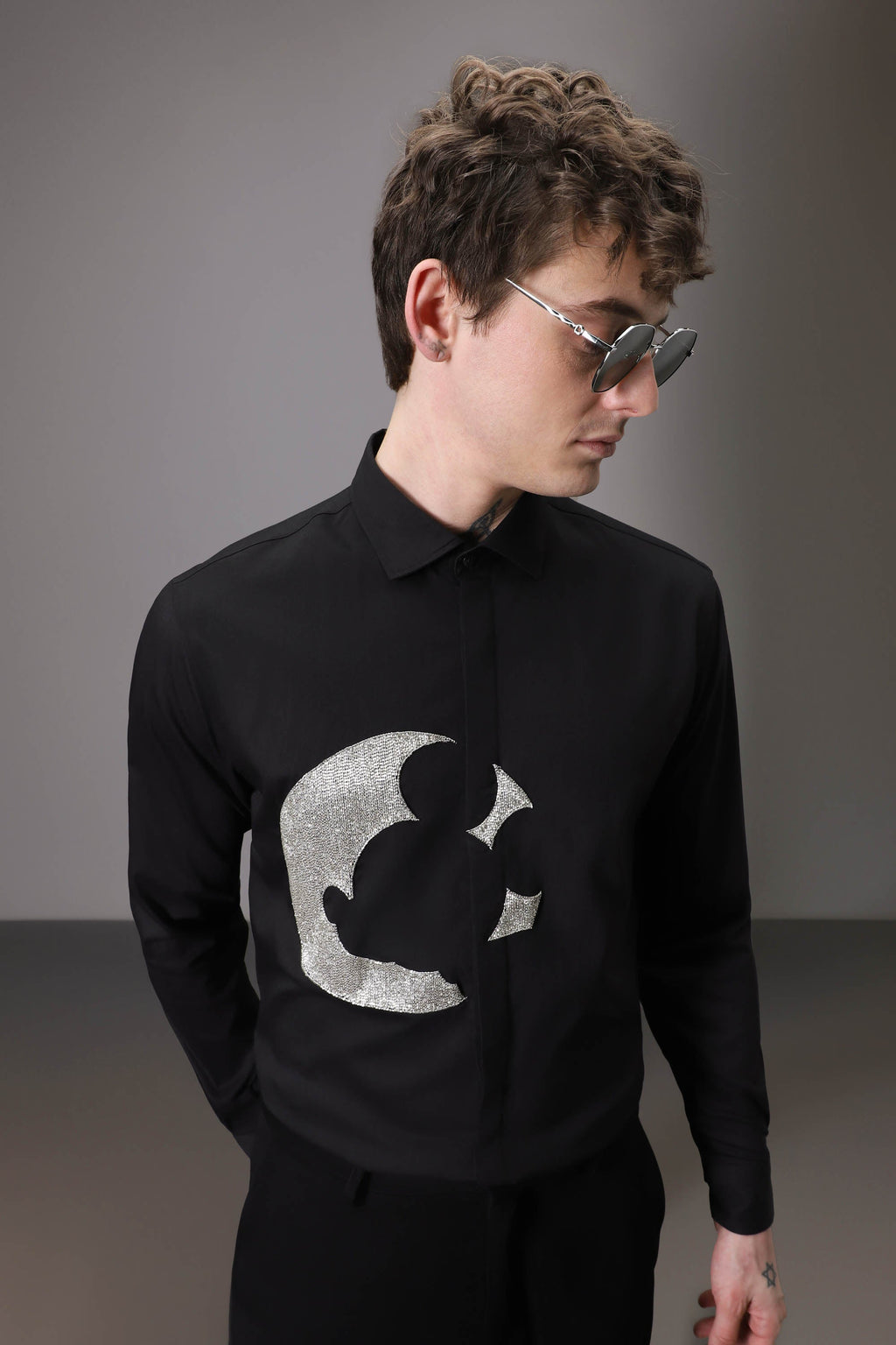 Moon Mickey Hand embroidered designer shirt - Black