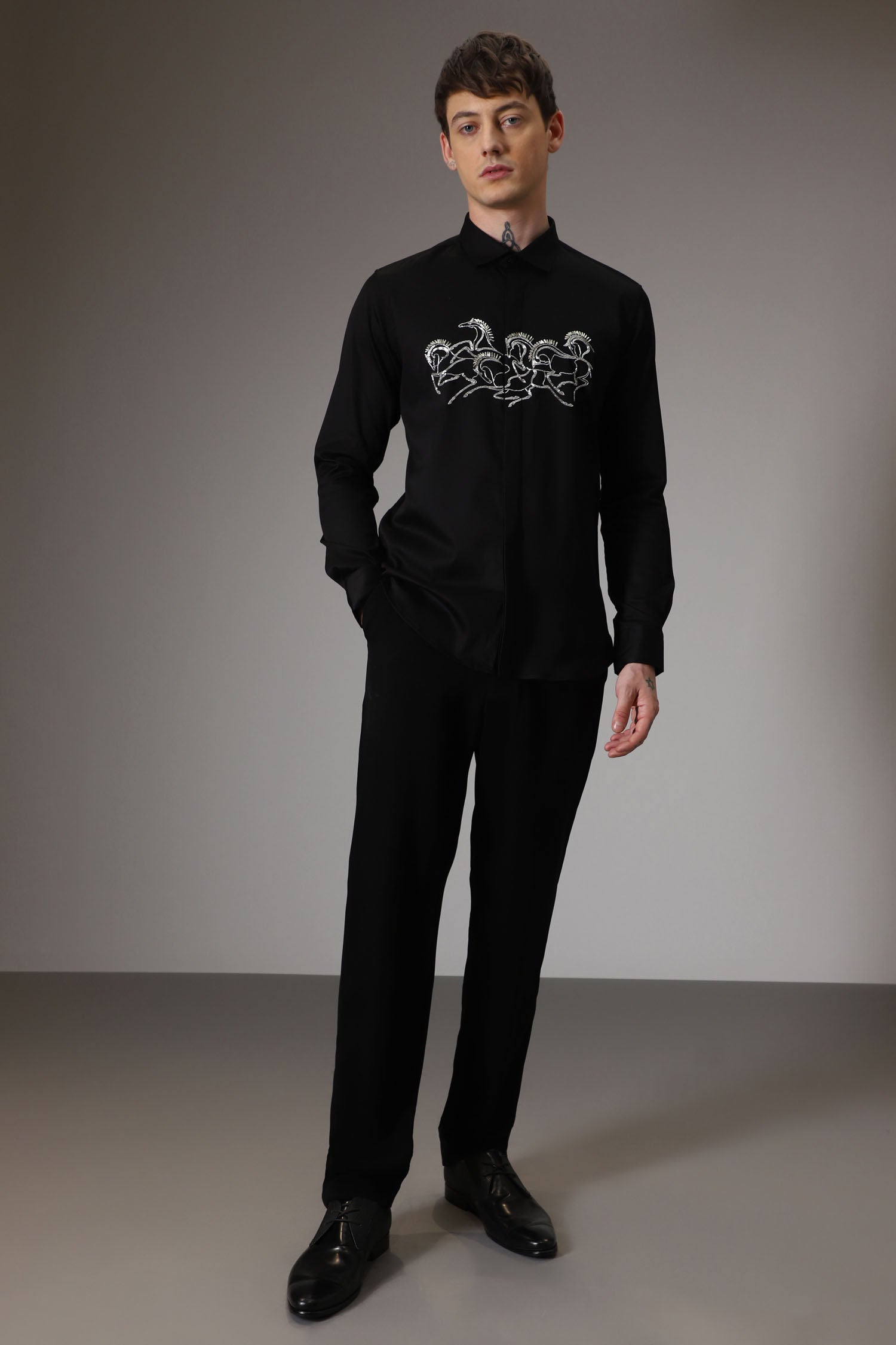Horses hand embroidered designer shirt - Black
