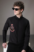 Podcast Junkie  hand embroidered designer shirt - Black