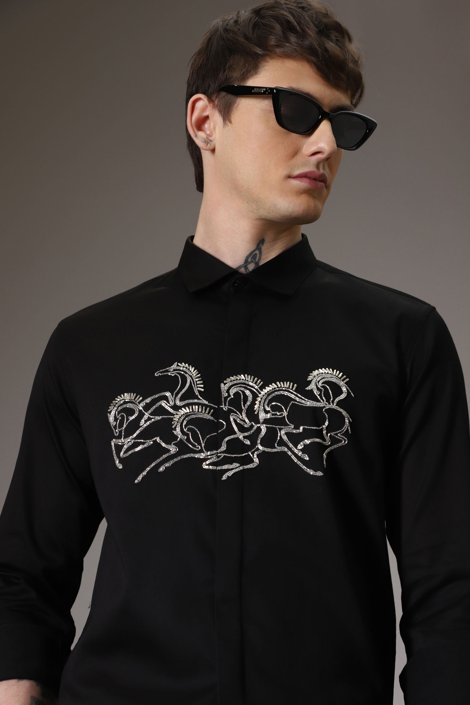 Horses hand embroidered designer shirt - Black