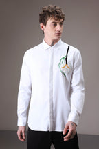 White Flower With Leaf hand embroidered designer shirt - white
