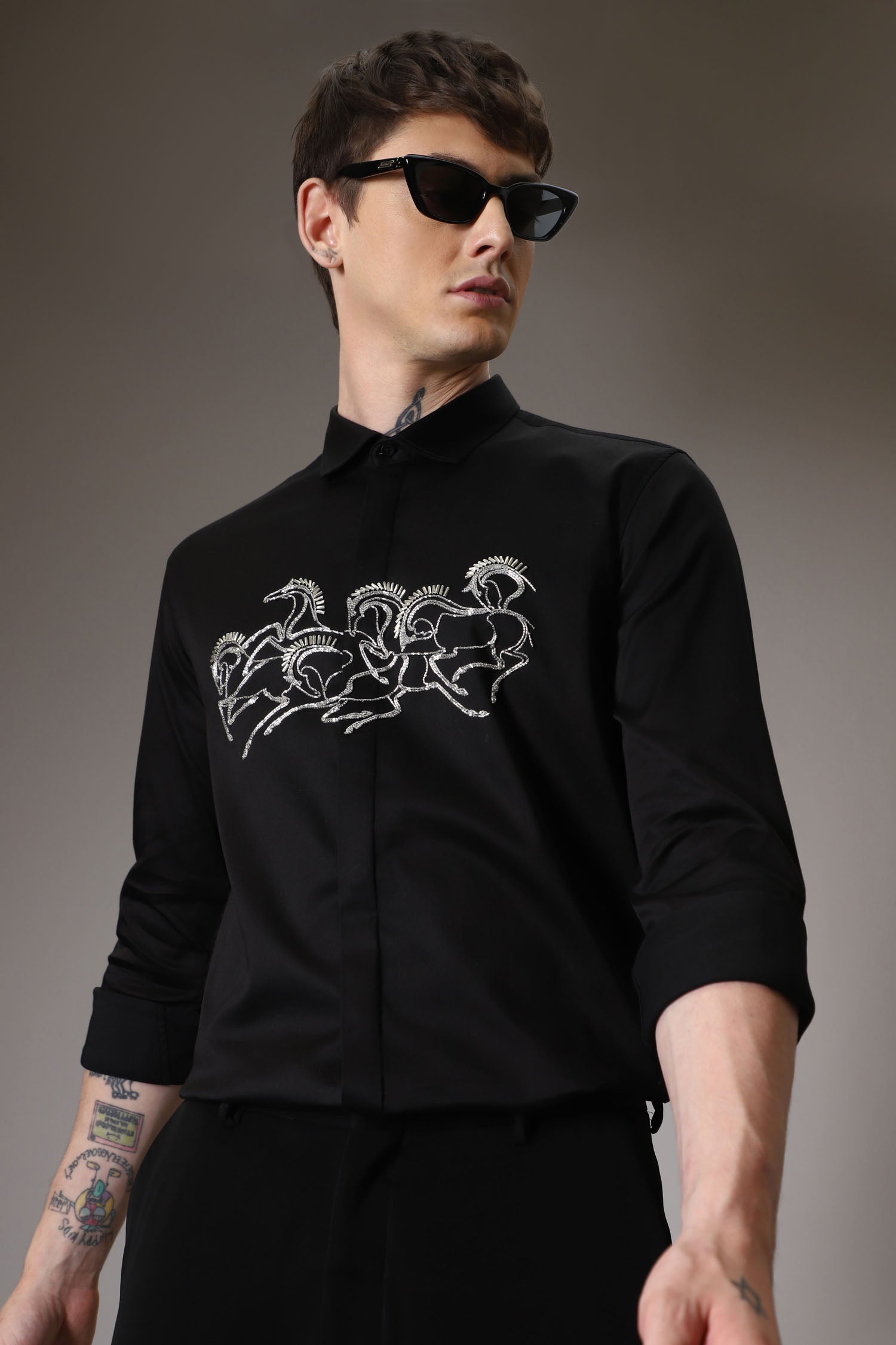 Horses hand embroidered designer shirt - Black