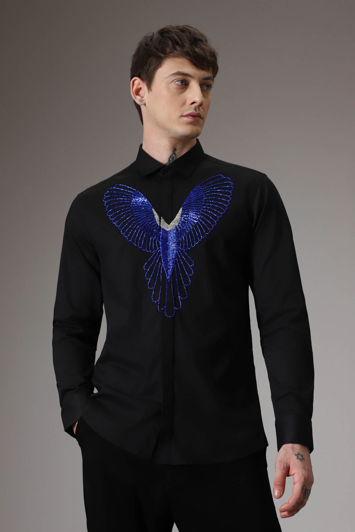 Parrot hand embroidered designer shirt - Black