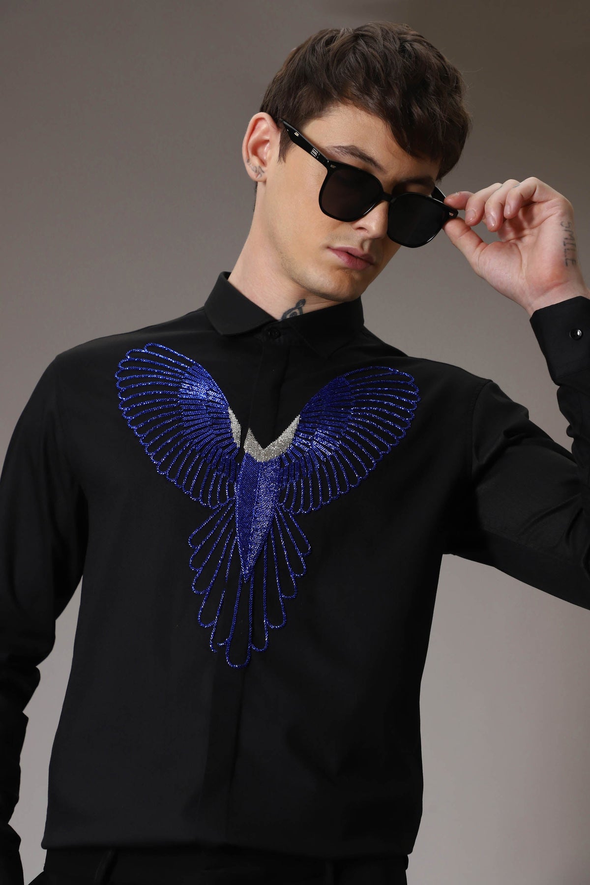 Parrot hand embroidered designer shirt - Black