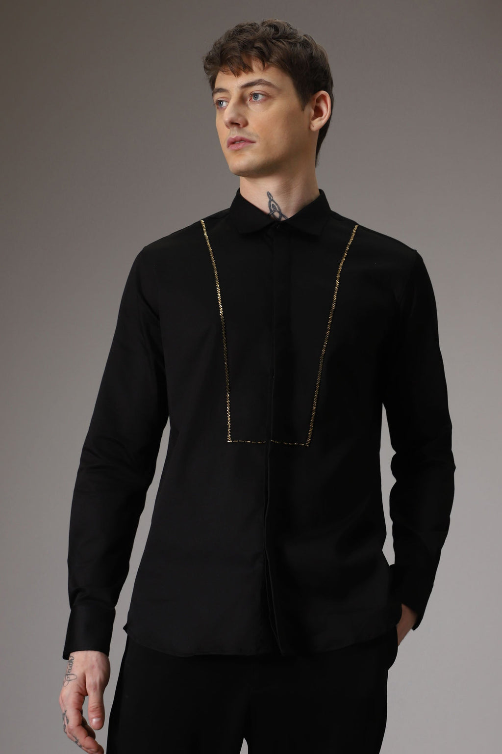 Pintuck hand embroidered designer shirt - Black