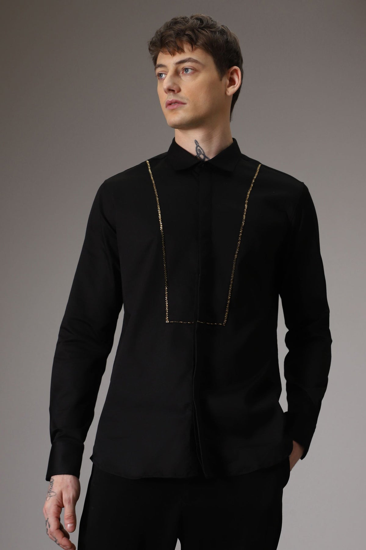 Pintuck hand embroidered designer shirt - Black