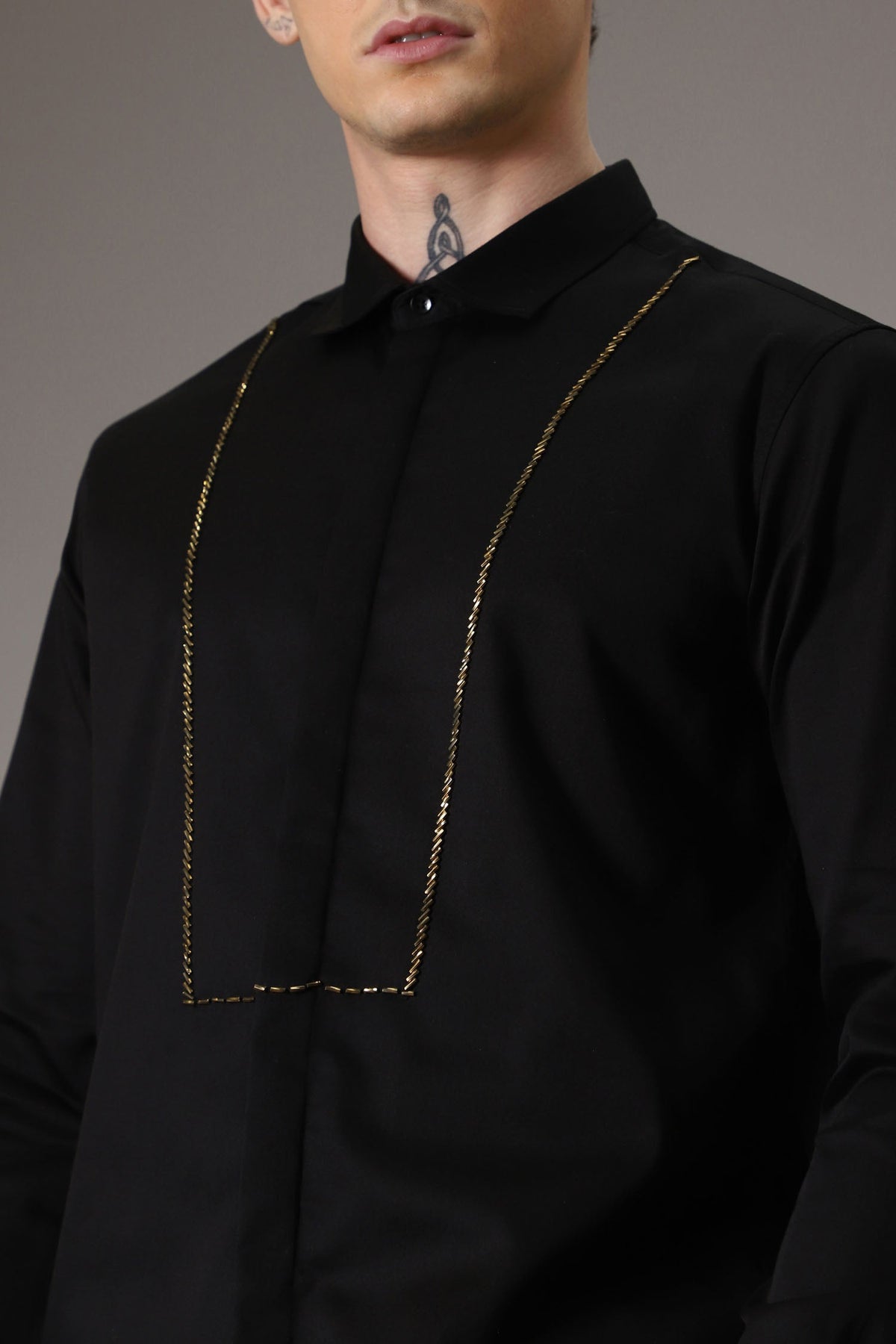 Pintuck hand embroidered designer shirt - Black