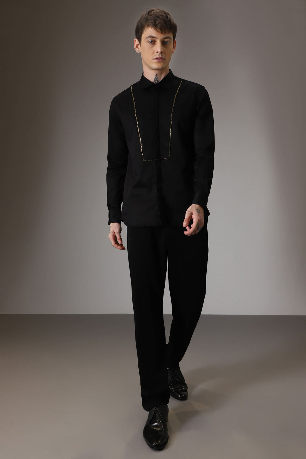 Pintuck hand embroidered designer shirt - Black