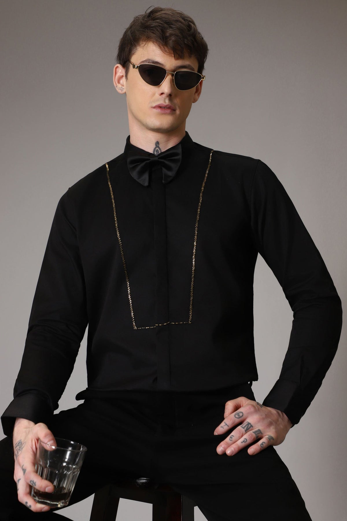 Pintuck hand embroidered designer shirt - Black
