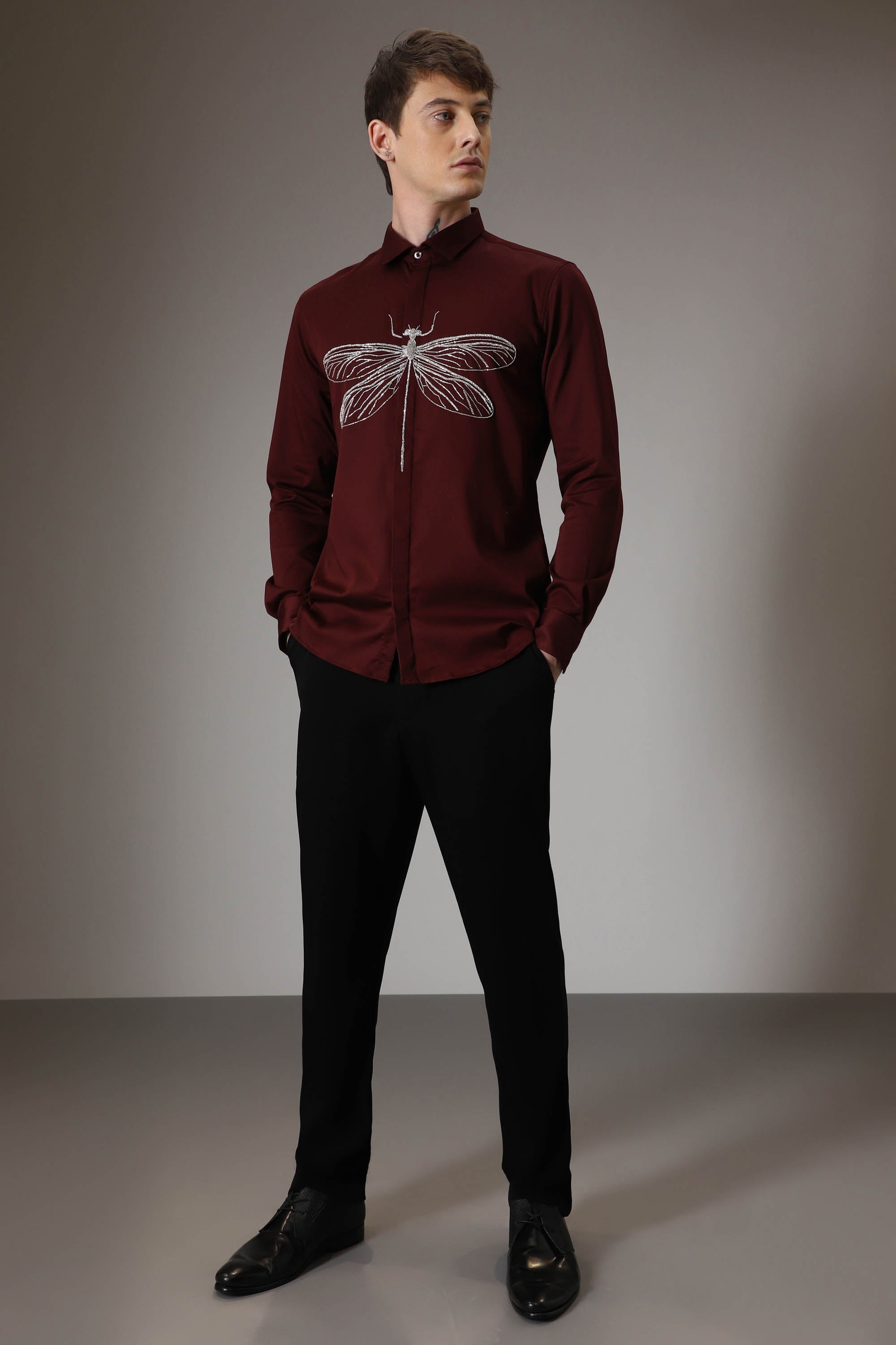 The dragonfly hand embroidered designer shirt - Wine