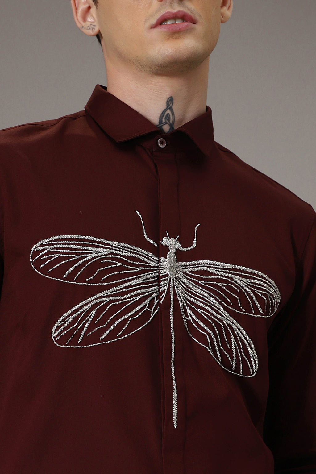 The dragonfly hand embroidered designer shirt - Wine