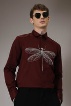 The dragonfly hand embroidered designer shirt - Wine
