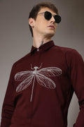 The dragonfly hand embroidered designer shirt - Wine