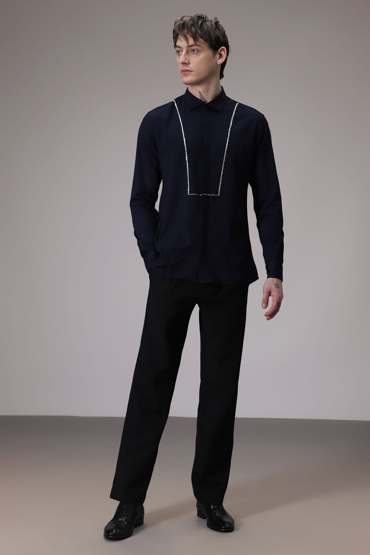 Pintuck hand embroidered designer shirt - Navy