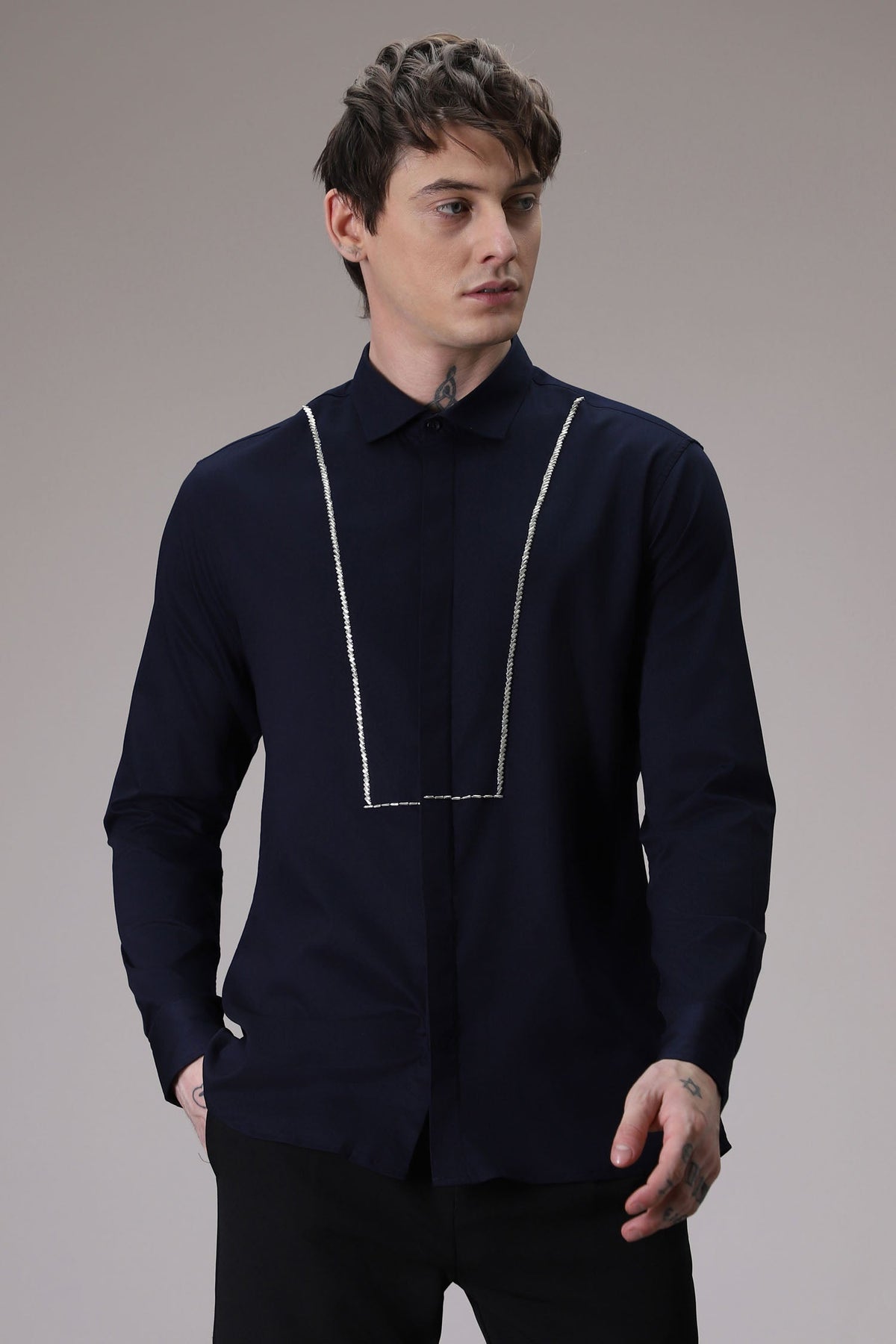 Pintuck hand embroidered designer shirt - Navy
