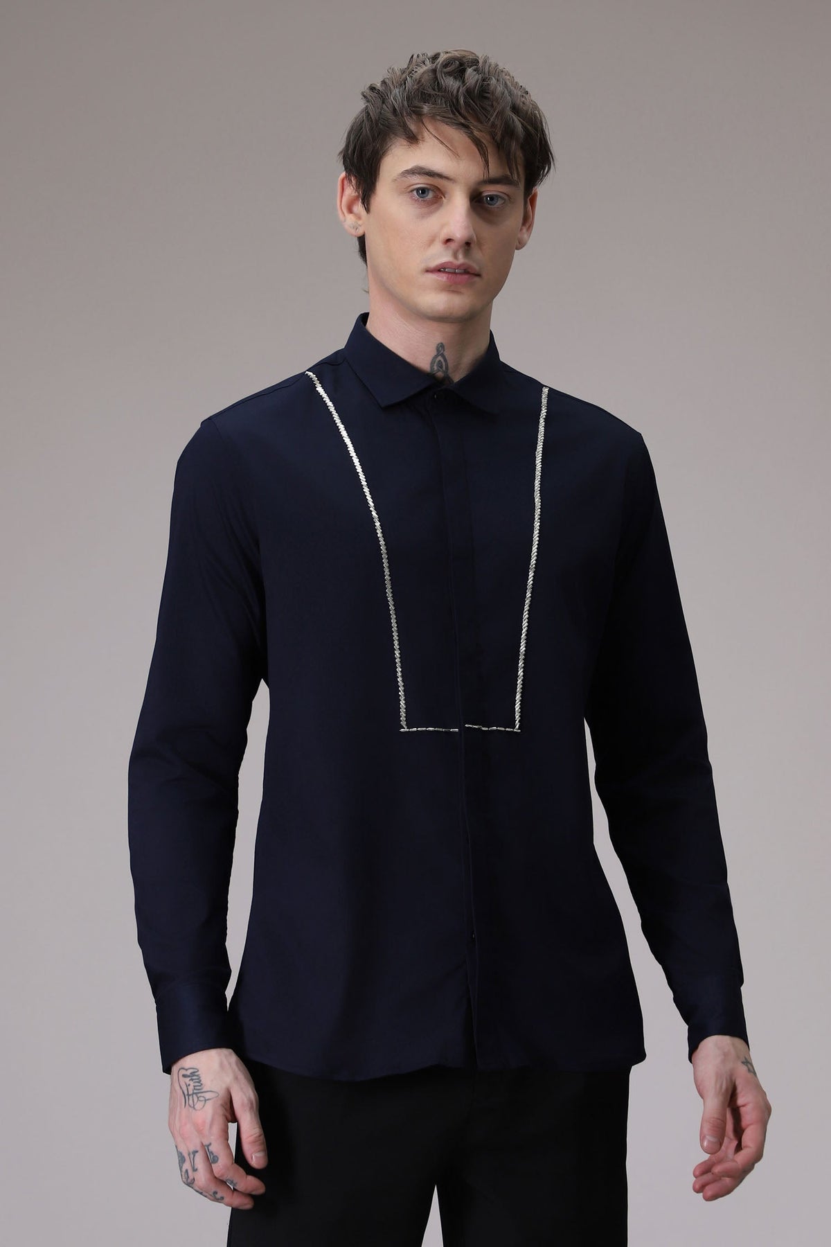 Pintuck hand embroidered designer shirt - Navy