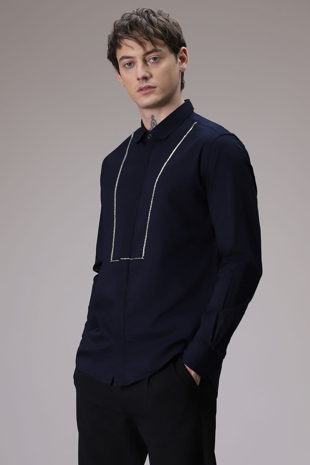 Pintuck hand embroidered designer shirt - Navy