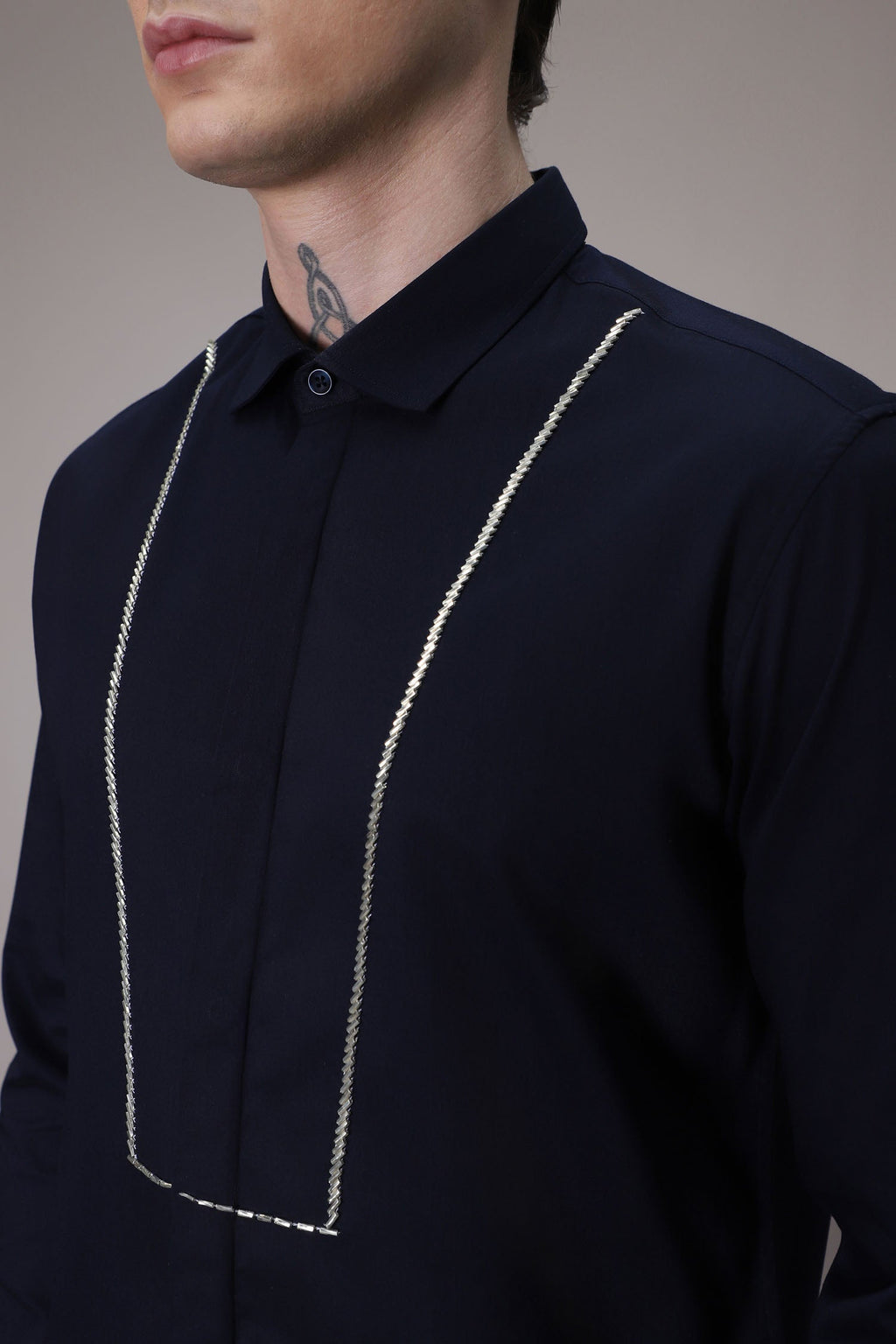 Pintuck hand embroidered designer shirt - Navy