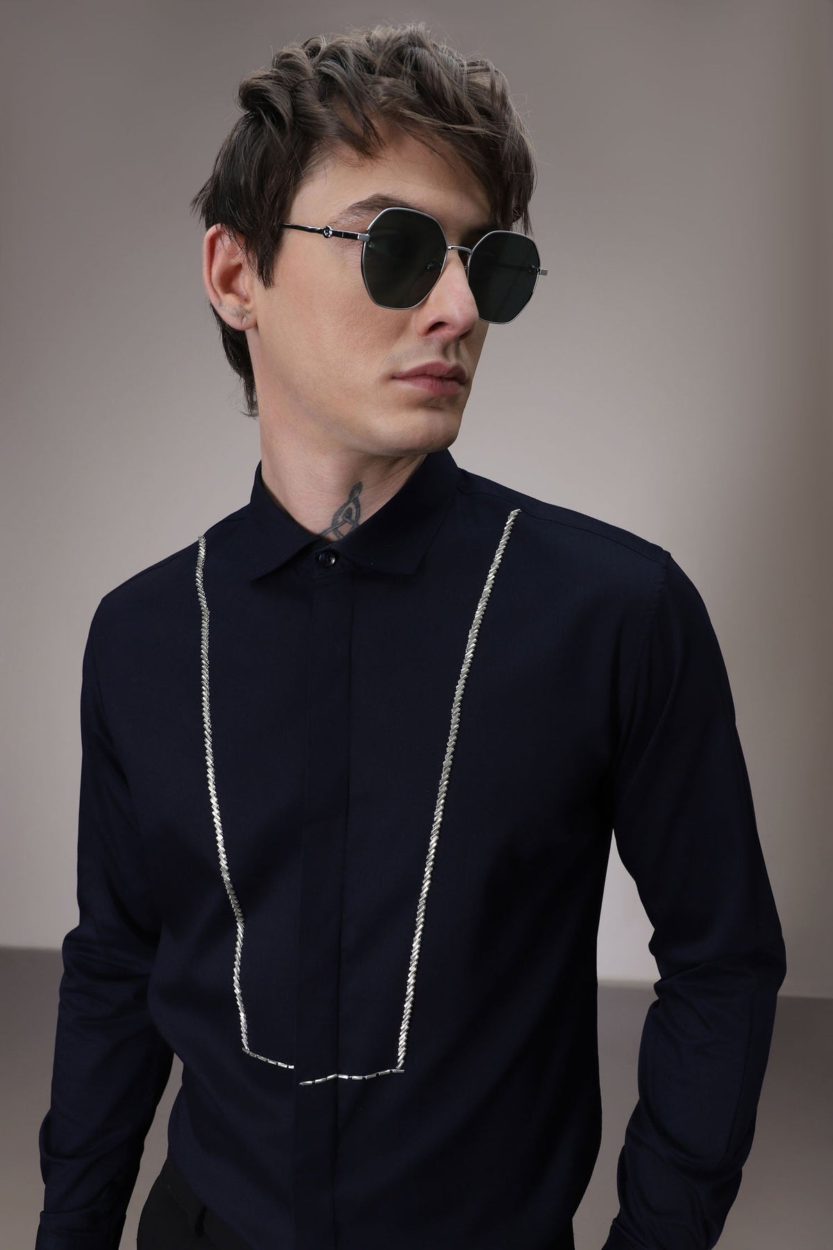 Pintuck hand embroidered designer shirt - Navy