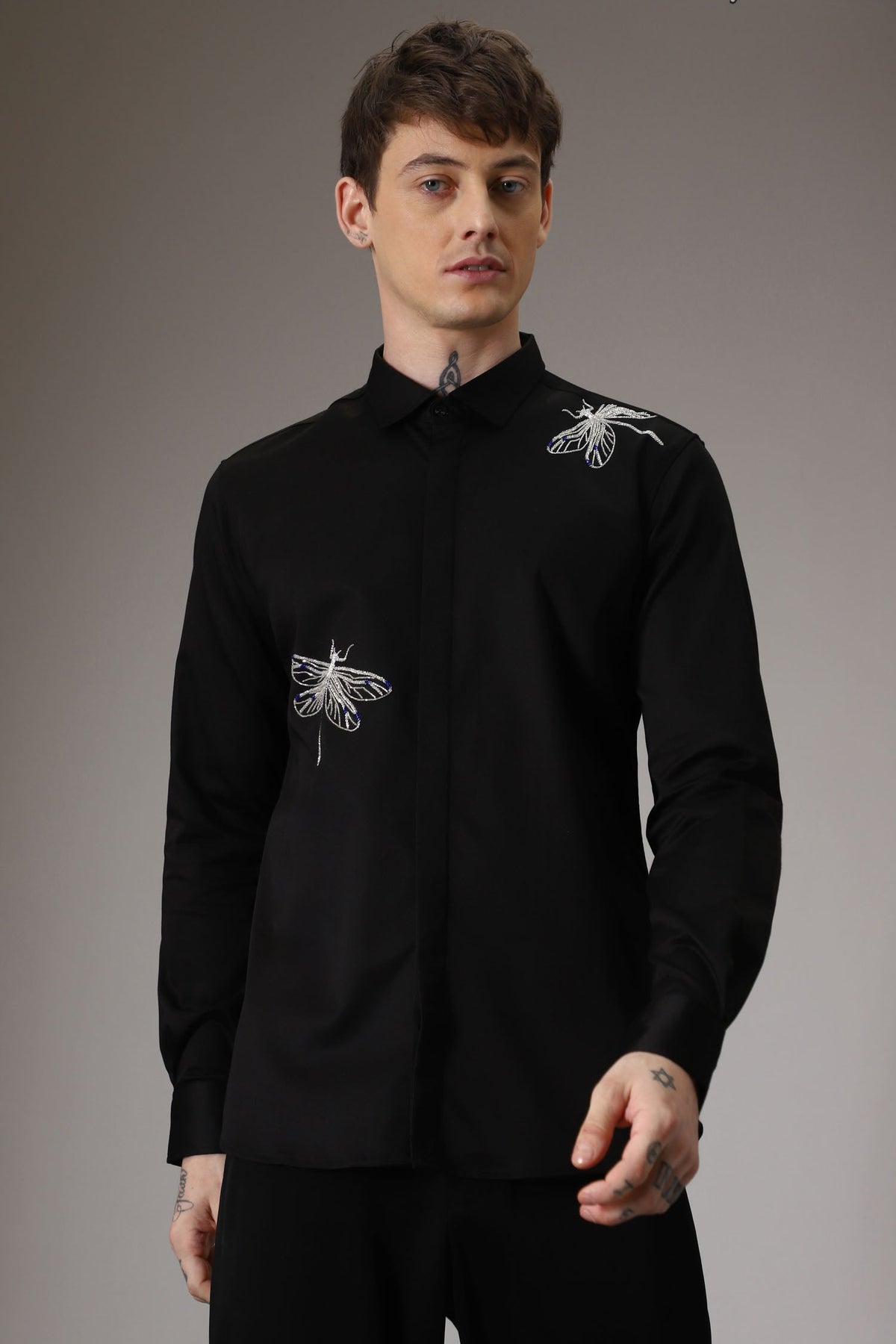 Dragonflies hand embroidered designer shirt - Black