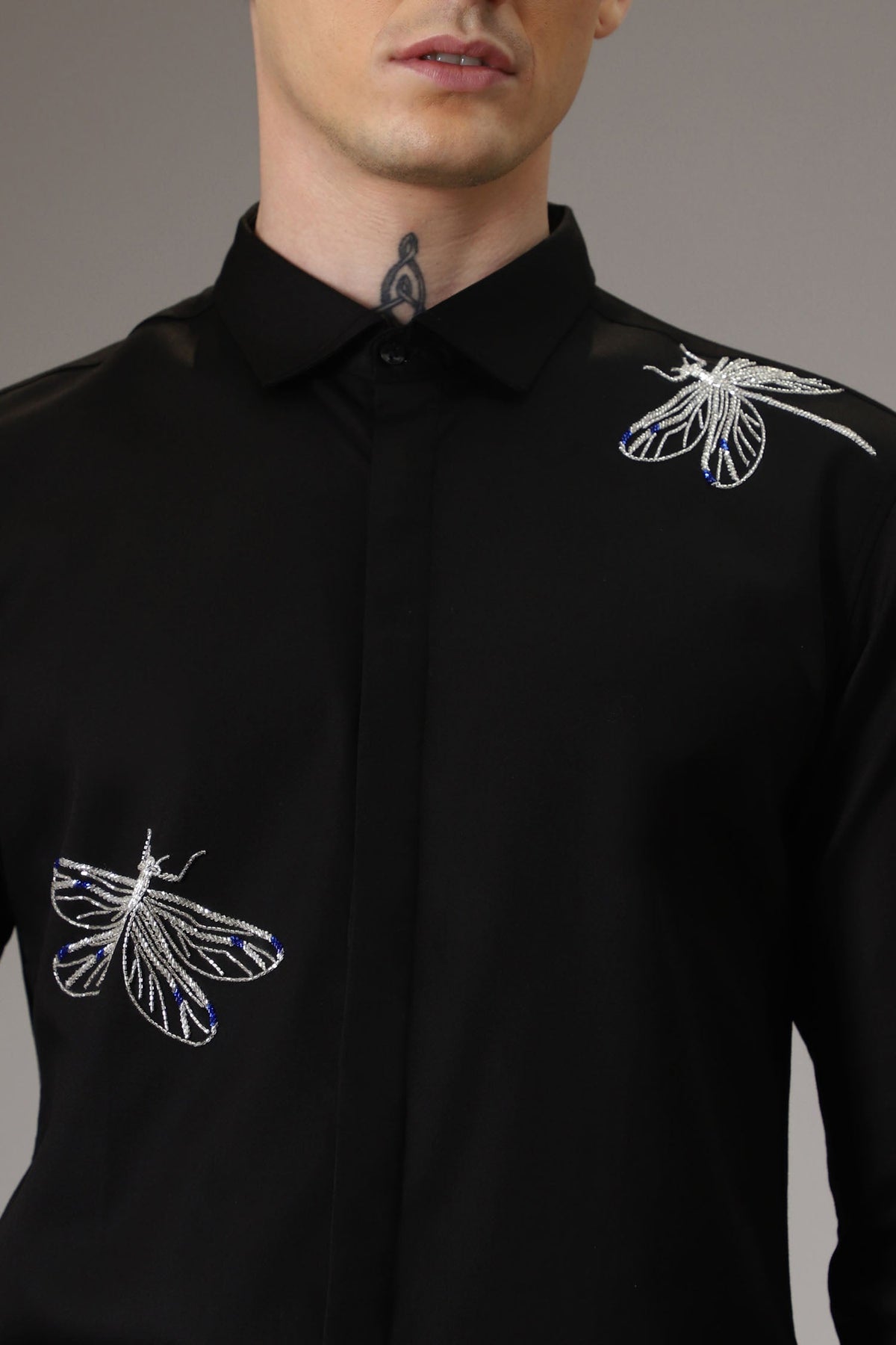 Dragonflies hand embroidered designer shirt - Black