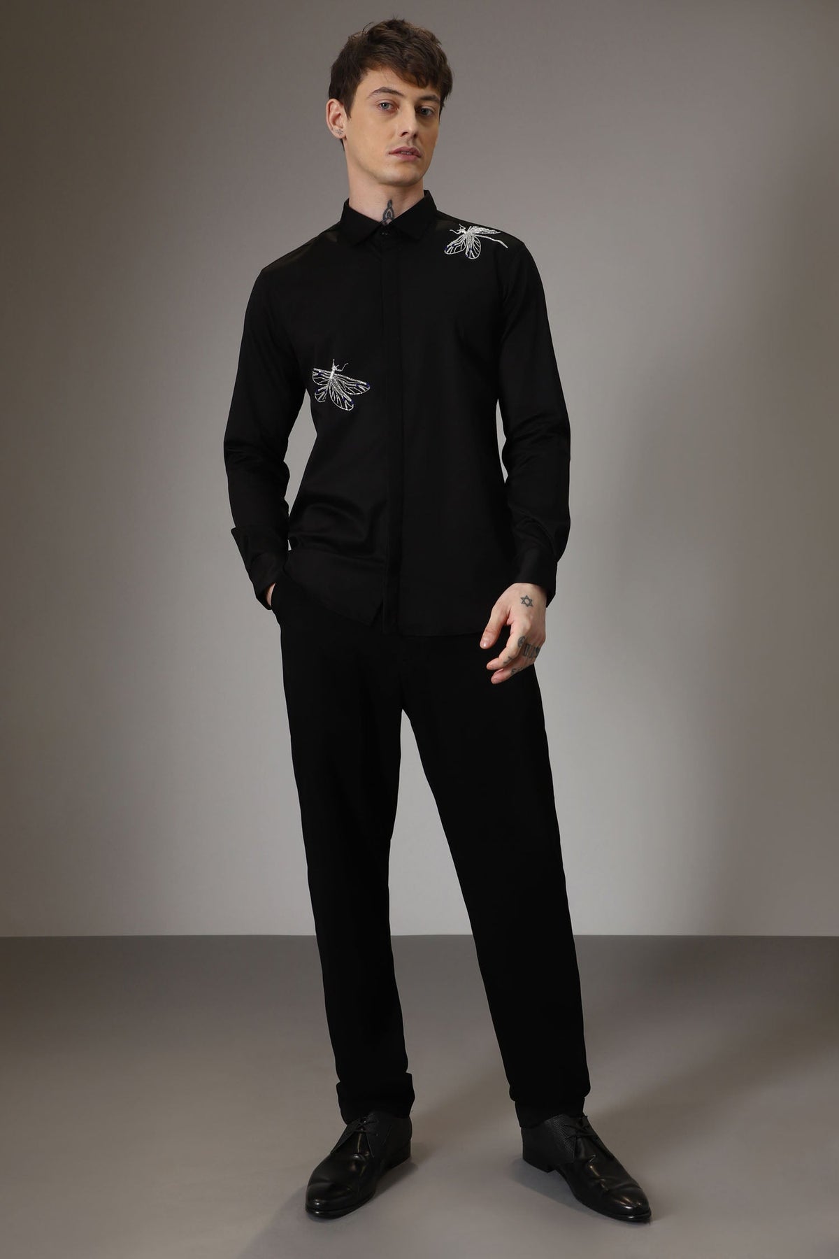 Dragonflies hand embroidered designer shirt - Black