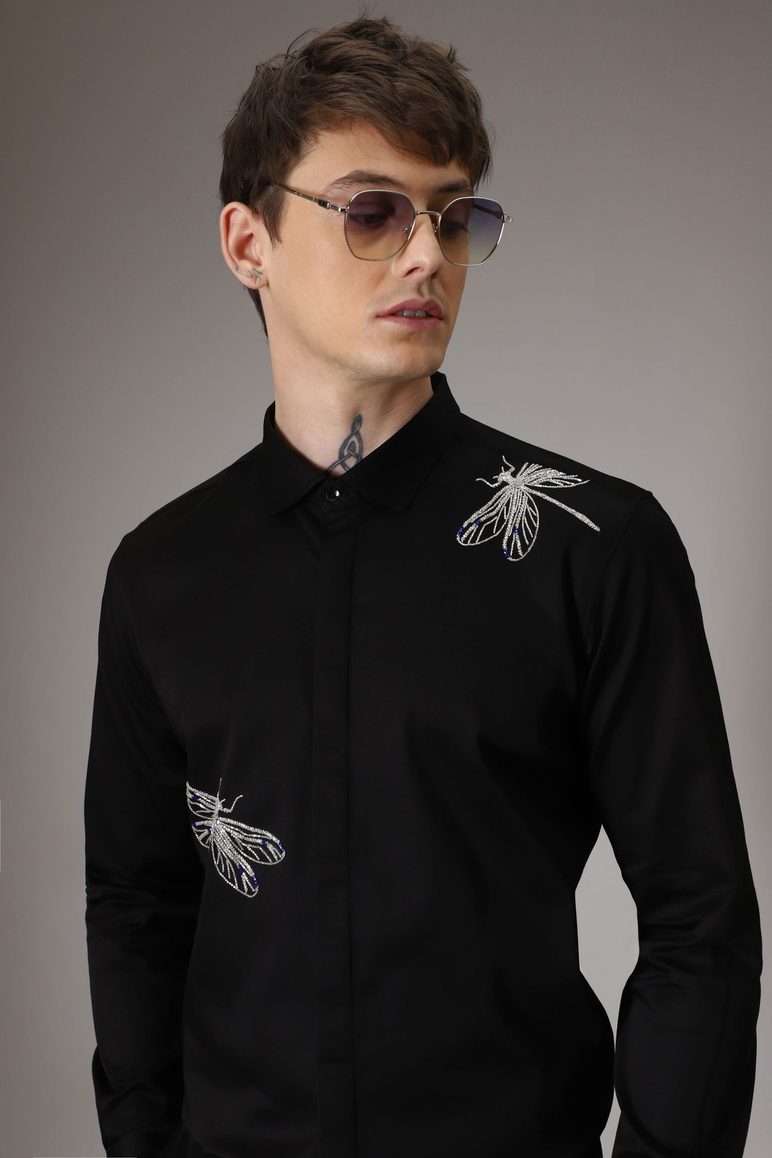 Dragonflies hand embroidered designer shirt -Black