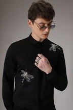 Dragonflies hand embroidered designer shirt -Black