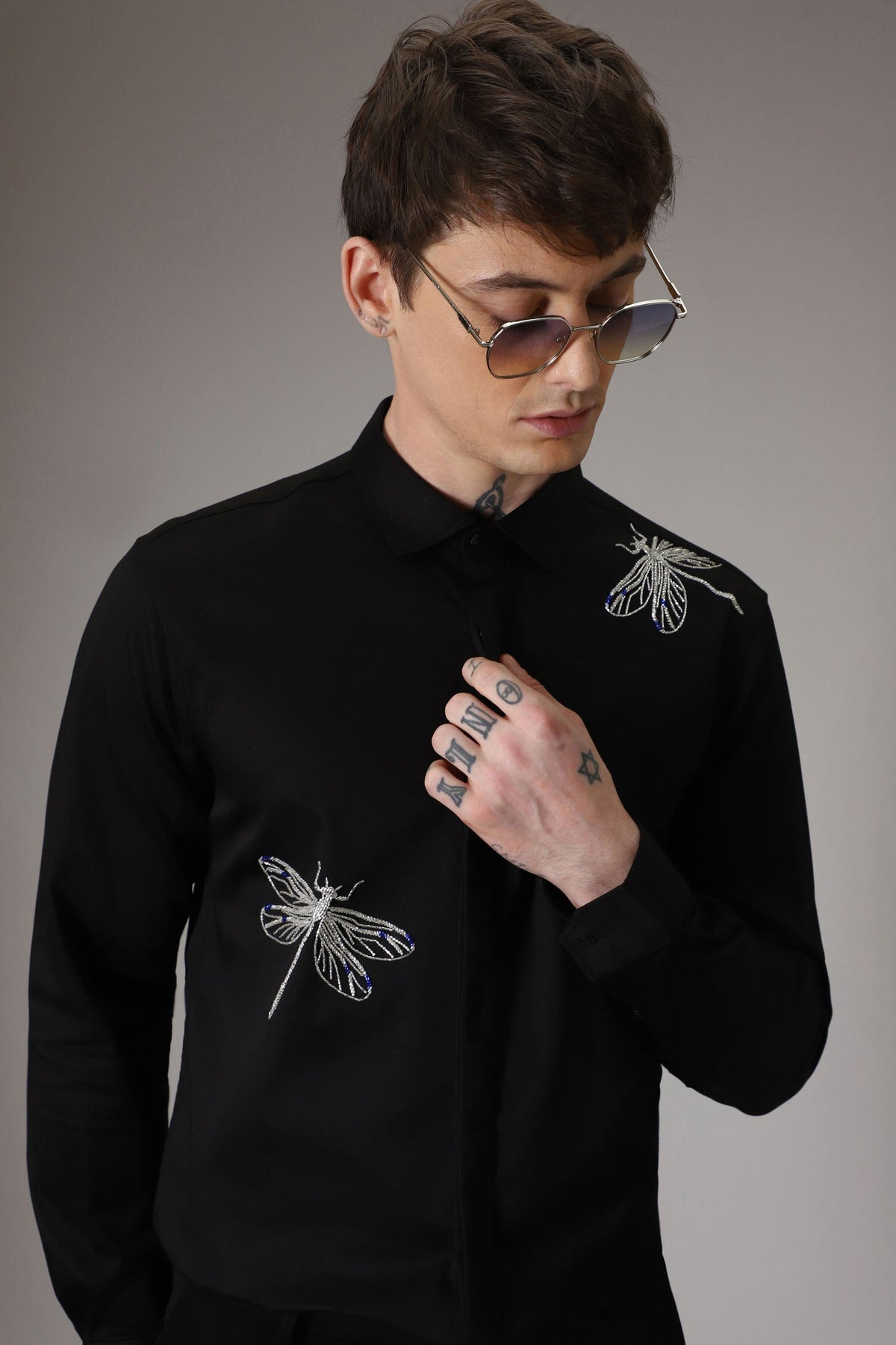 Dragonflies hand embroidered designer shirt - Black