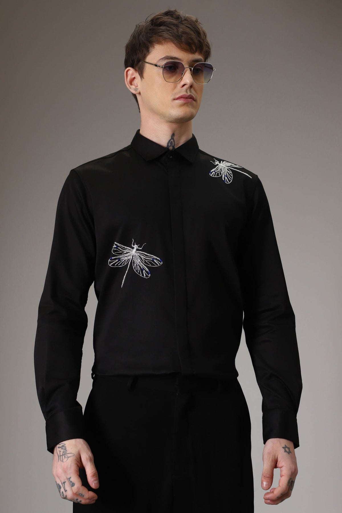 Dragonflies hand embroidered designer shirt - Black