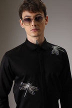 Dragonflies hand embroidered designer shirt -Black