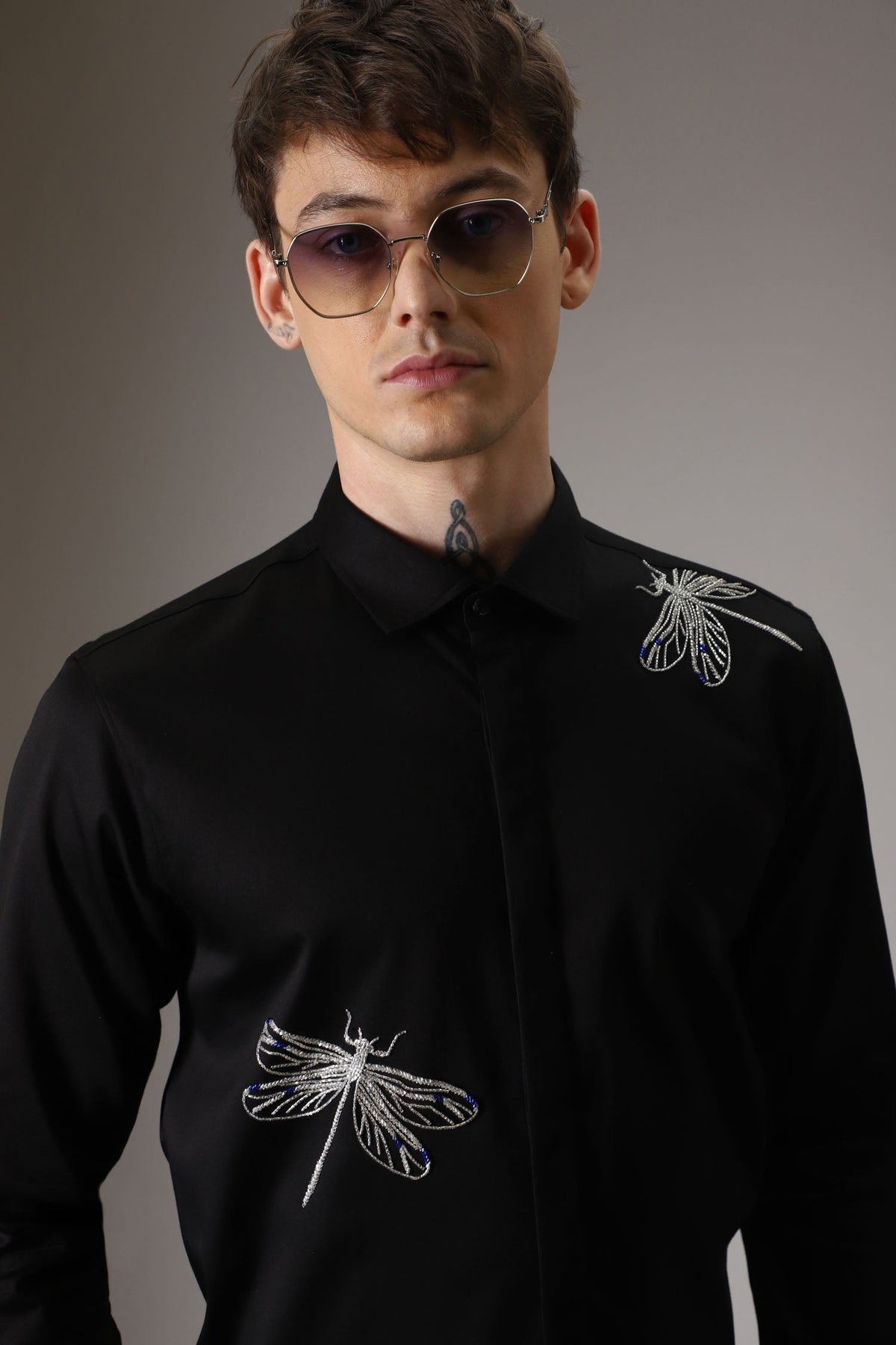 Dragonflies hand embroidered designer shirt - Black