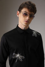 Dragonflies hand embroidered designer shirt -Black