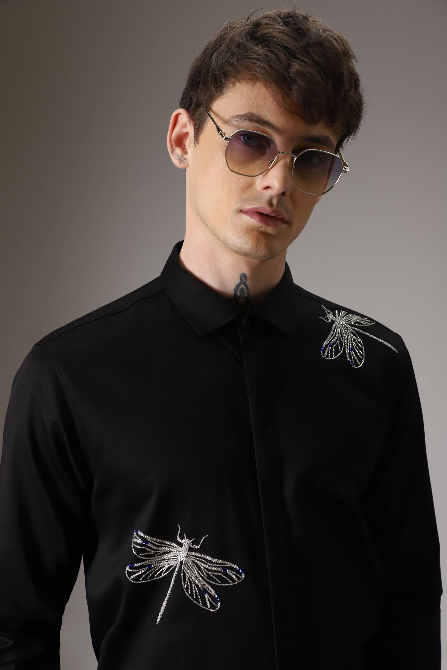 Dragonflies hand embroidered designer shirt -Black