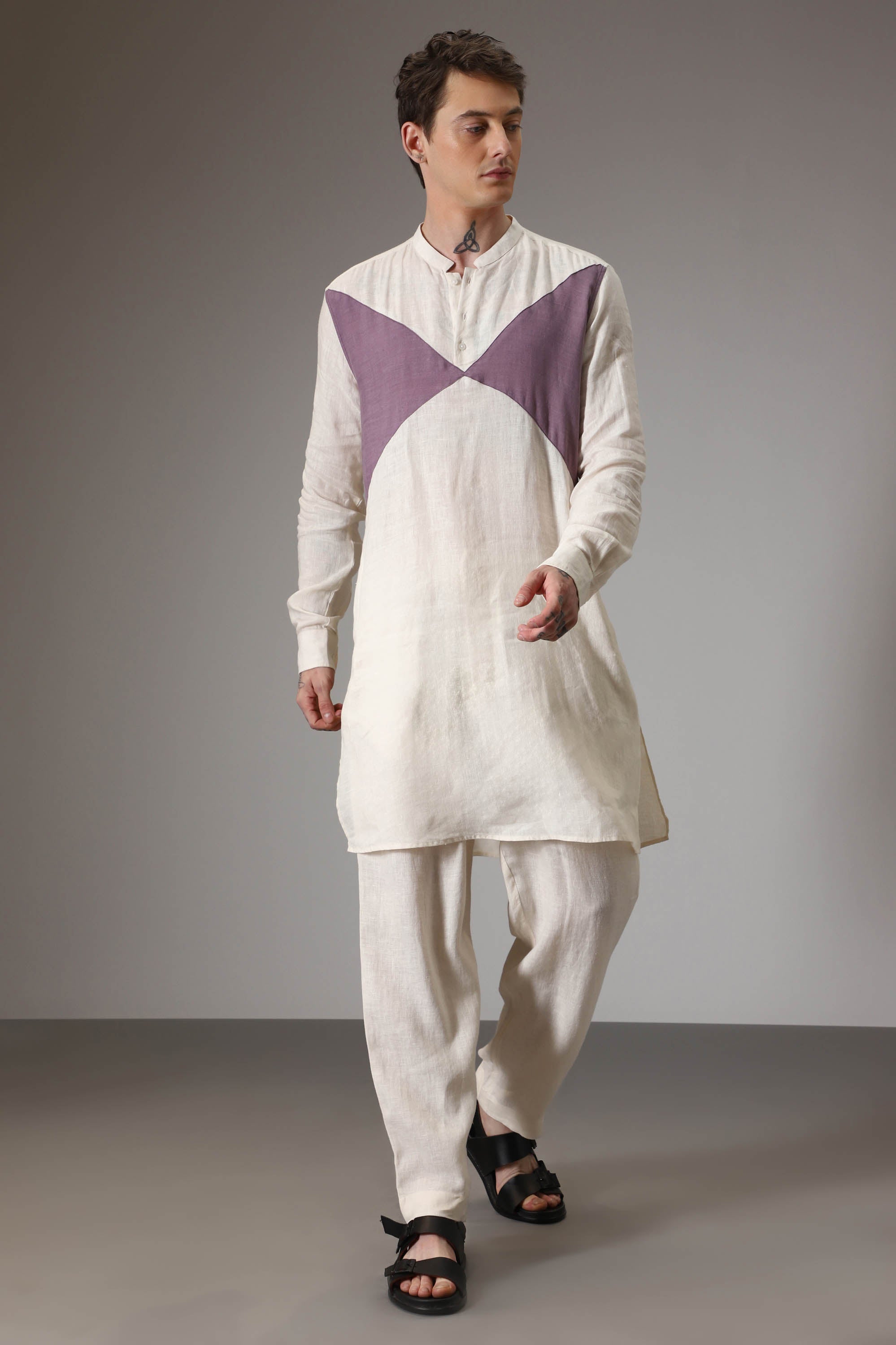 Lilac and ivory linen designer kurta