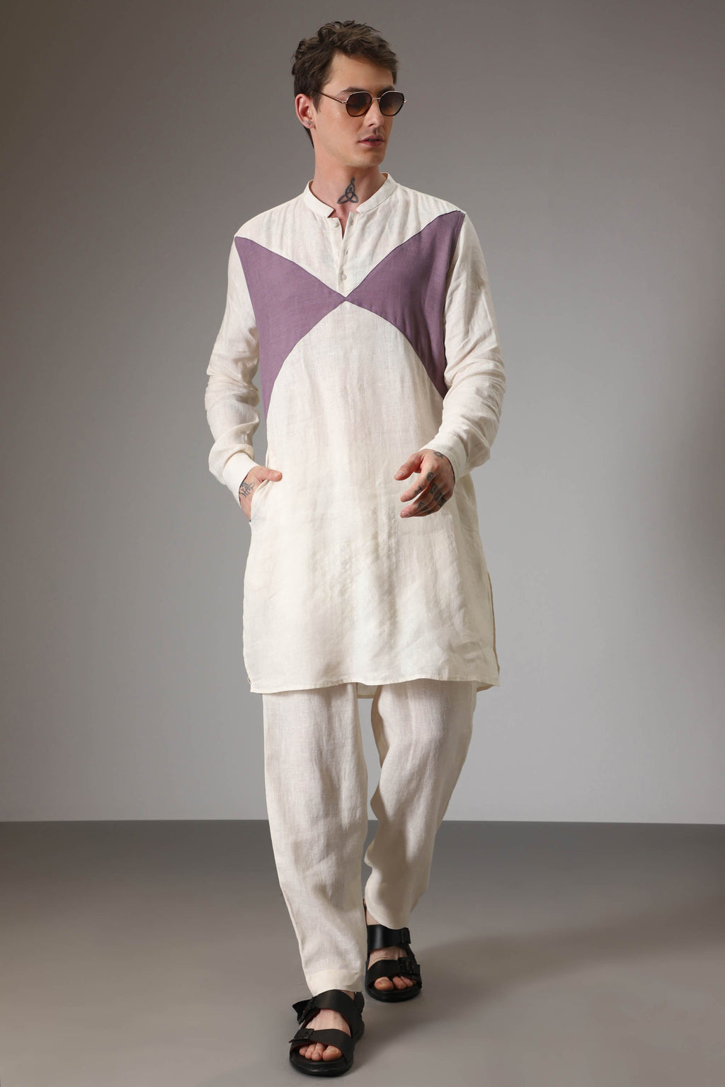 Lilac and ivory linen designer kurta