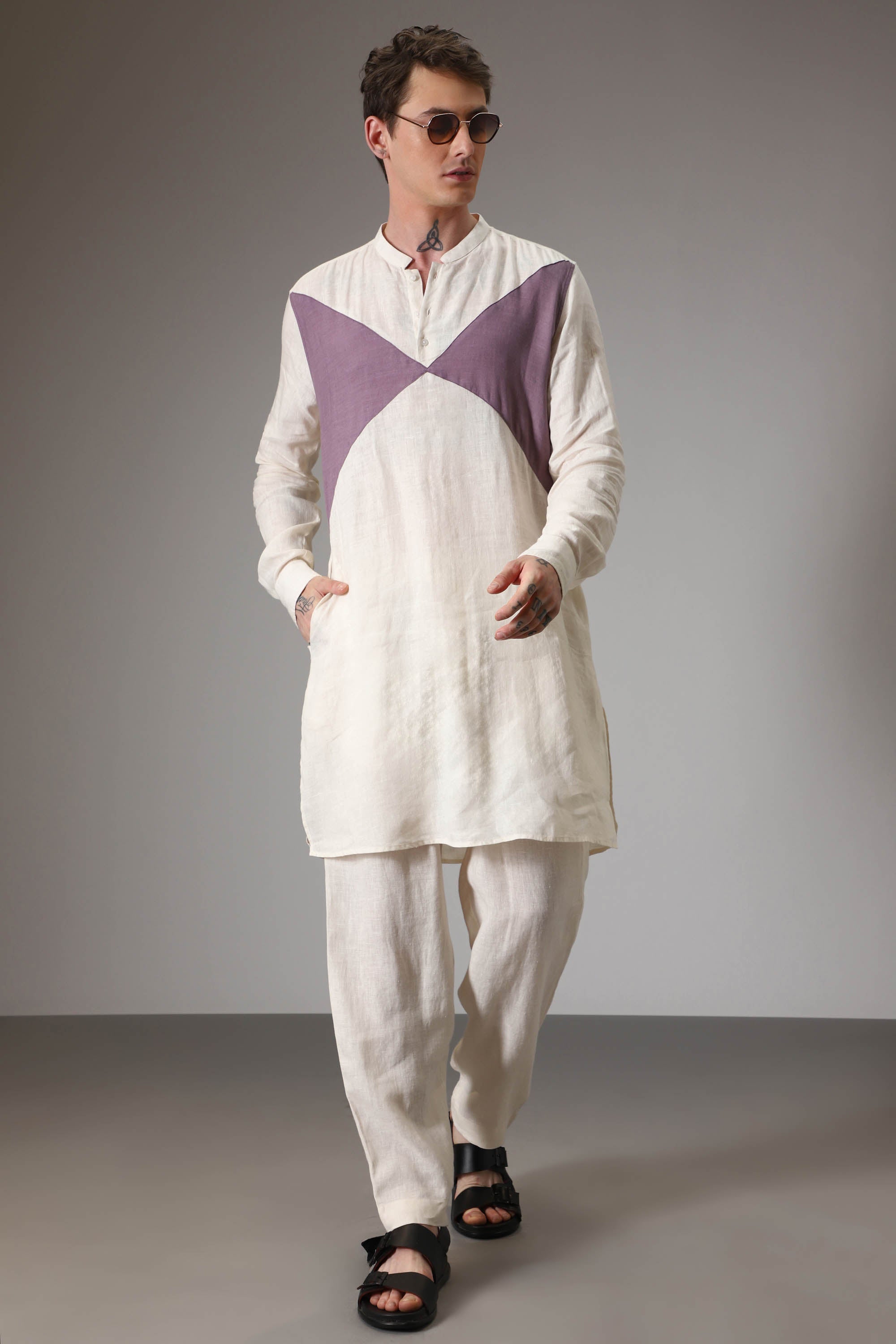 Lilac and ivory linen designer kurta
