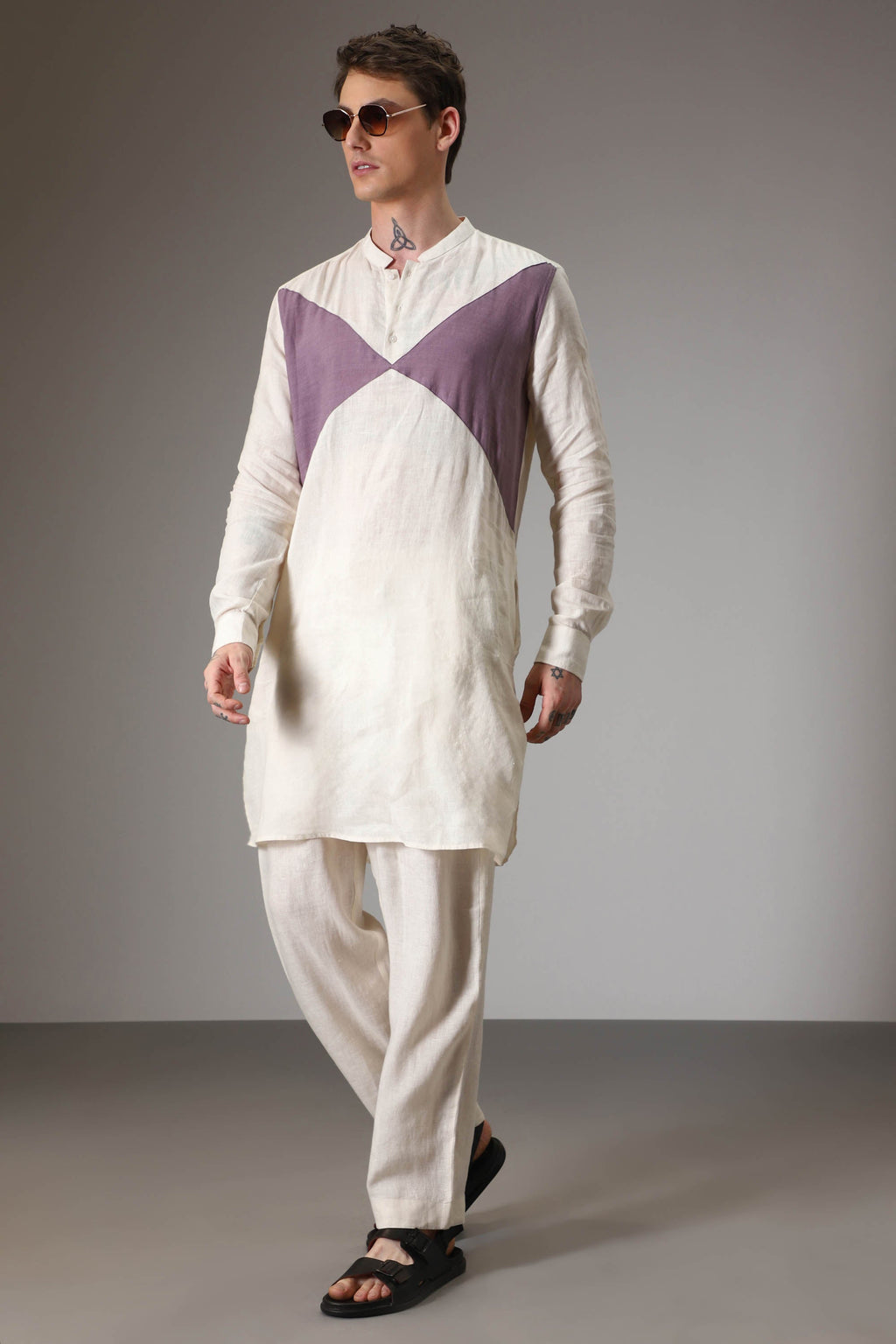 Lilac and ivory linen designer kurta