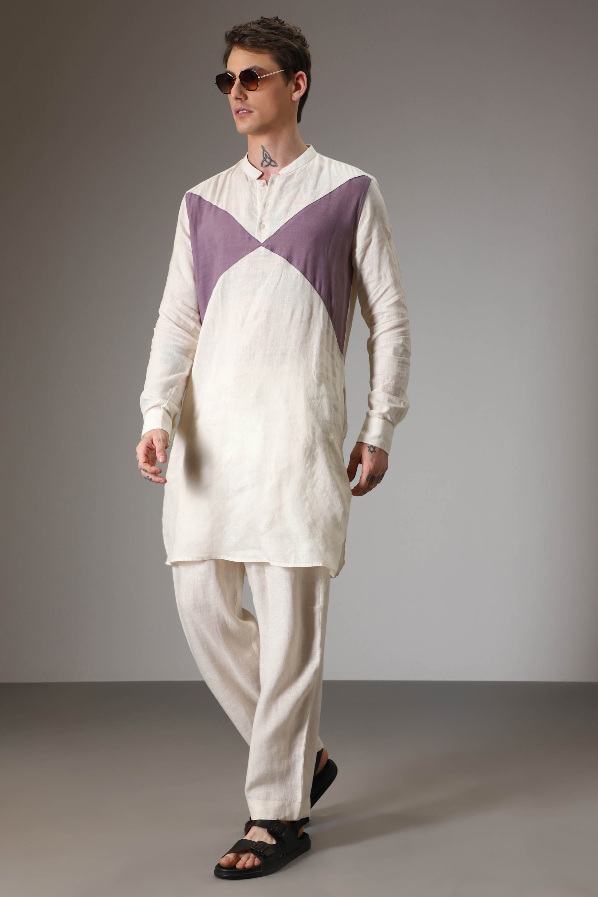Lilac and ivory linen designer kurta